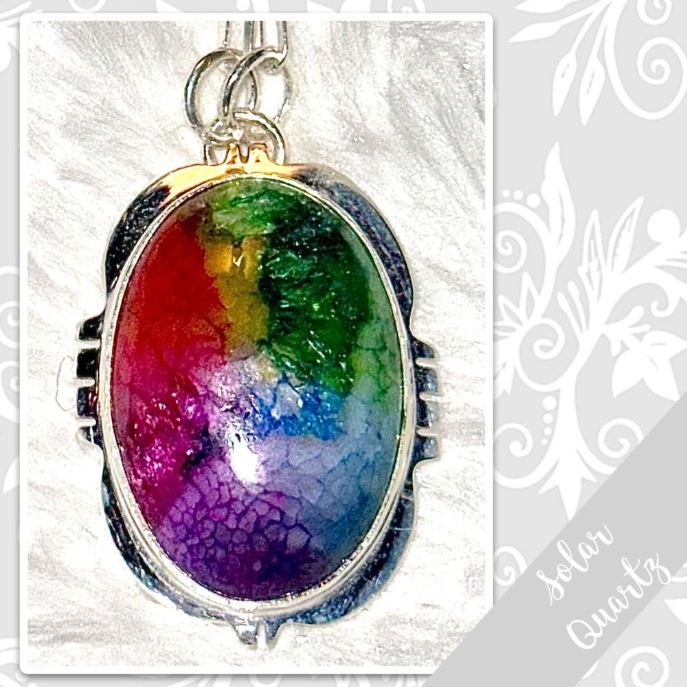 Rainbow Solar Quartz Large Silver Artisan Necklace, 19” Red, Green, Blue, Purple